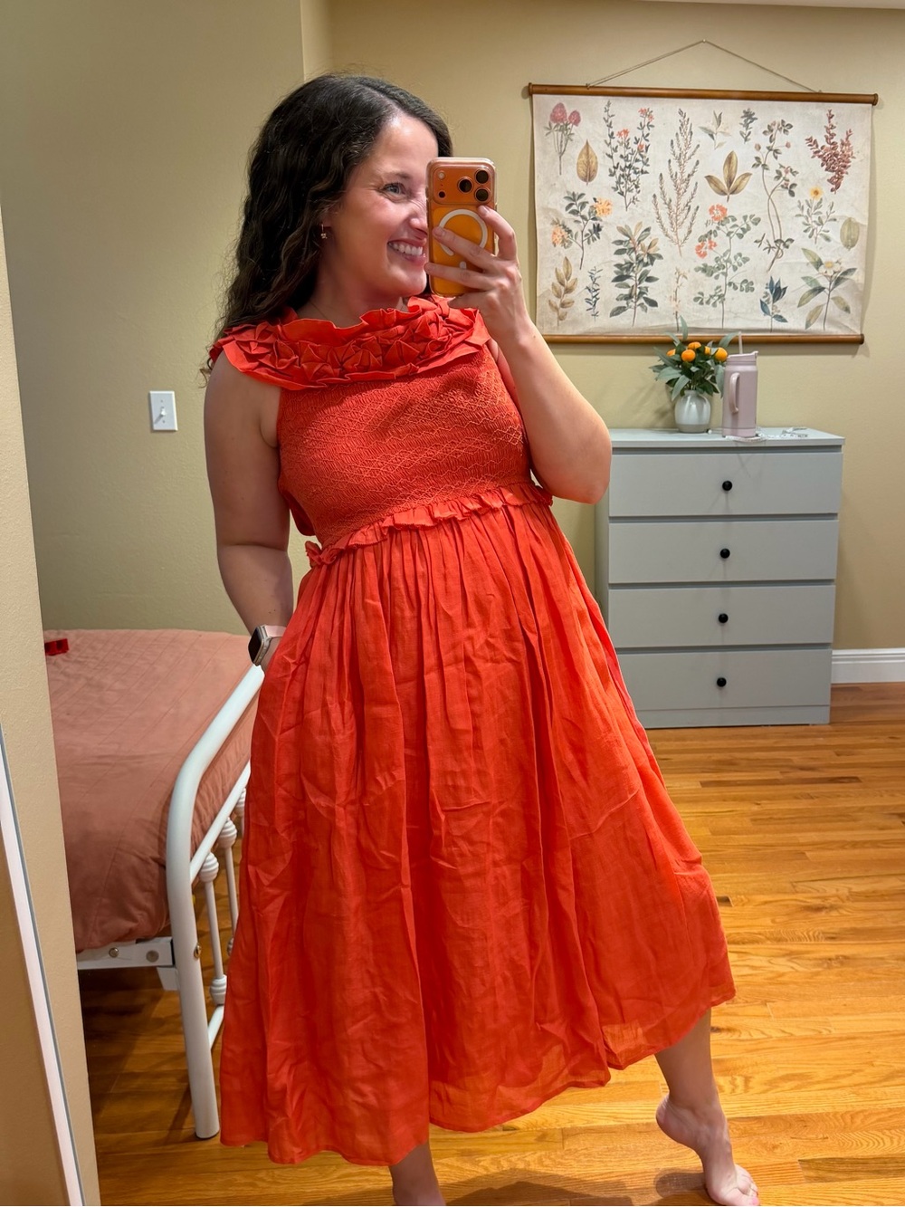 Sea New York red Frida Ramie Ruffled Neck Midi Dress Small